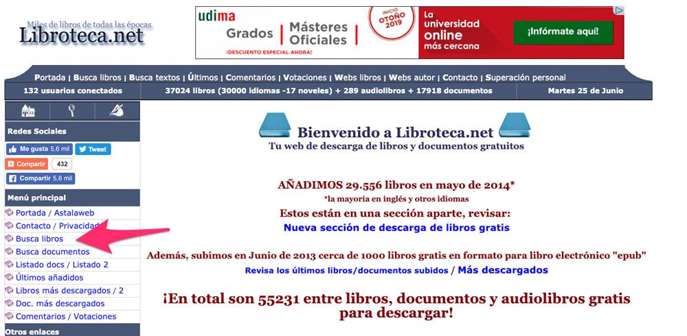 Página principal de Libroteca, web para descargar libros gratis para iPad