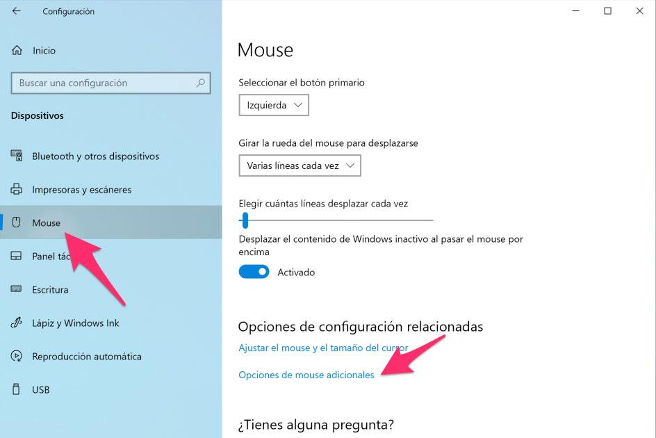 Opciones adicionales del ratón en Windows 10