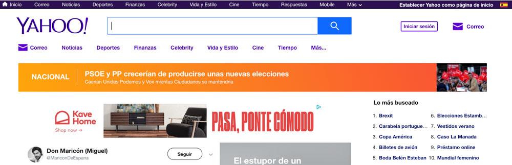 Página principal del buscador Yahoo