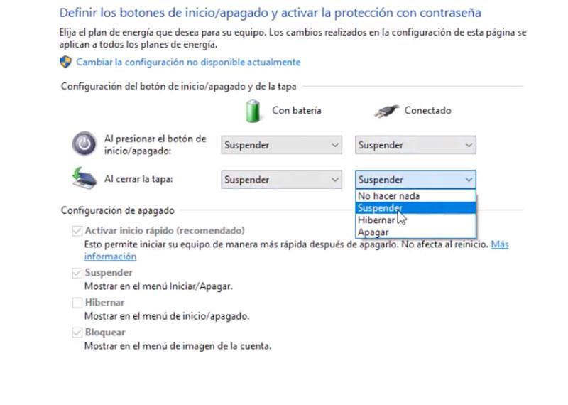 Cambiar ajustes del cierre de la tapa en un portátil con Windows 10