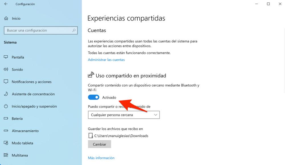 Activación de la función Experiencias compartidas de Windows 10