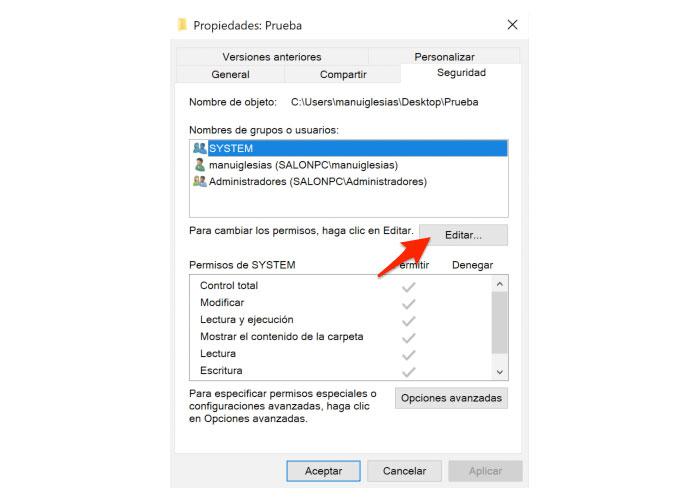 Editar permisos de carpeta en Windows 10