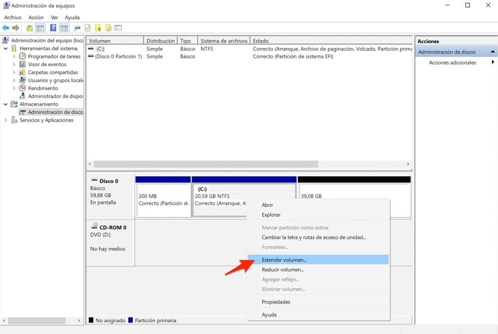 Extender una partición para ocupar el espacio no asignado en Windows 10