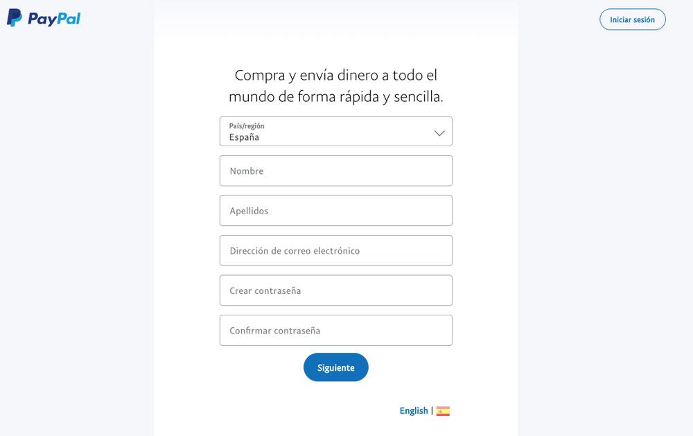 Formulario de registro en PayPal