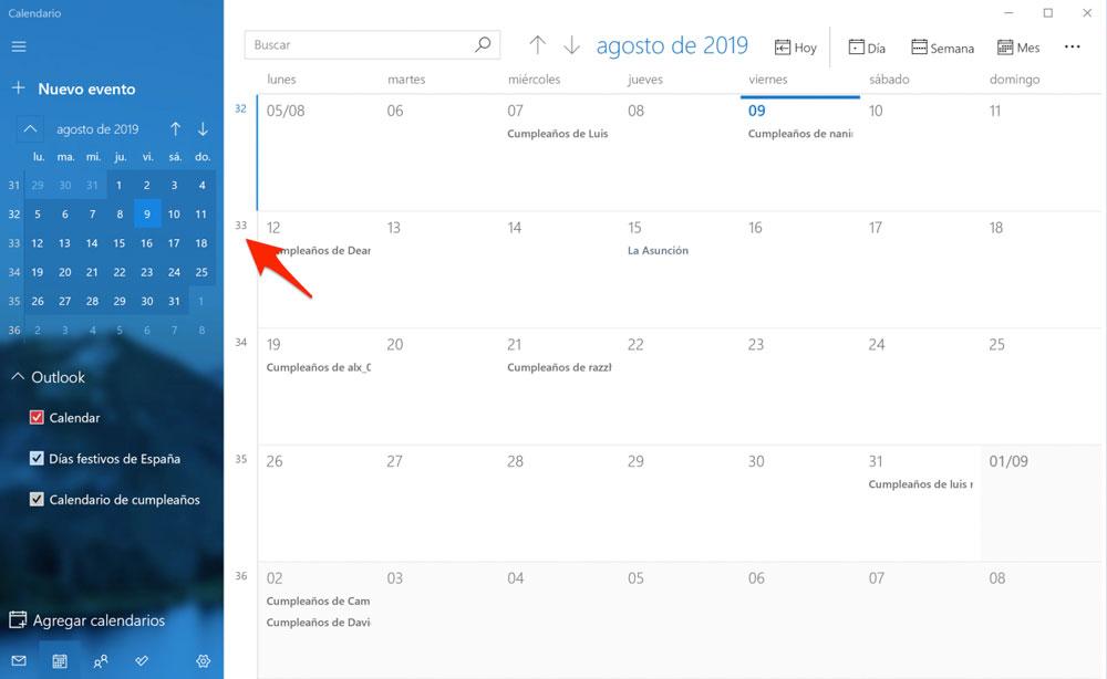 Números de semanas en el Calendario de Windows 10