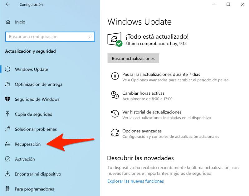 Recuperación en Windows 10